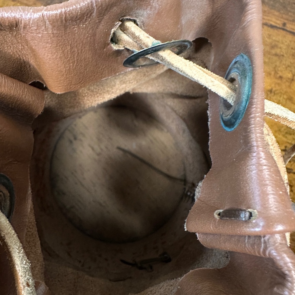 VTG Handcrafted Tooled Leather Cylinder Bucket Bag Drawstring Backpack Studded - Picture 9 of 11